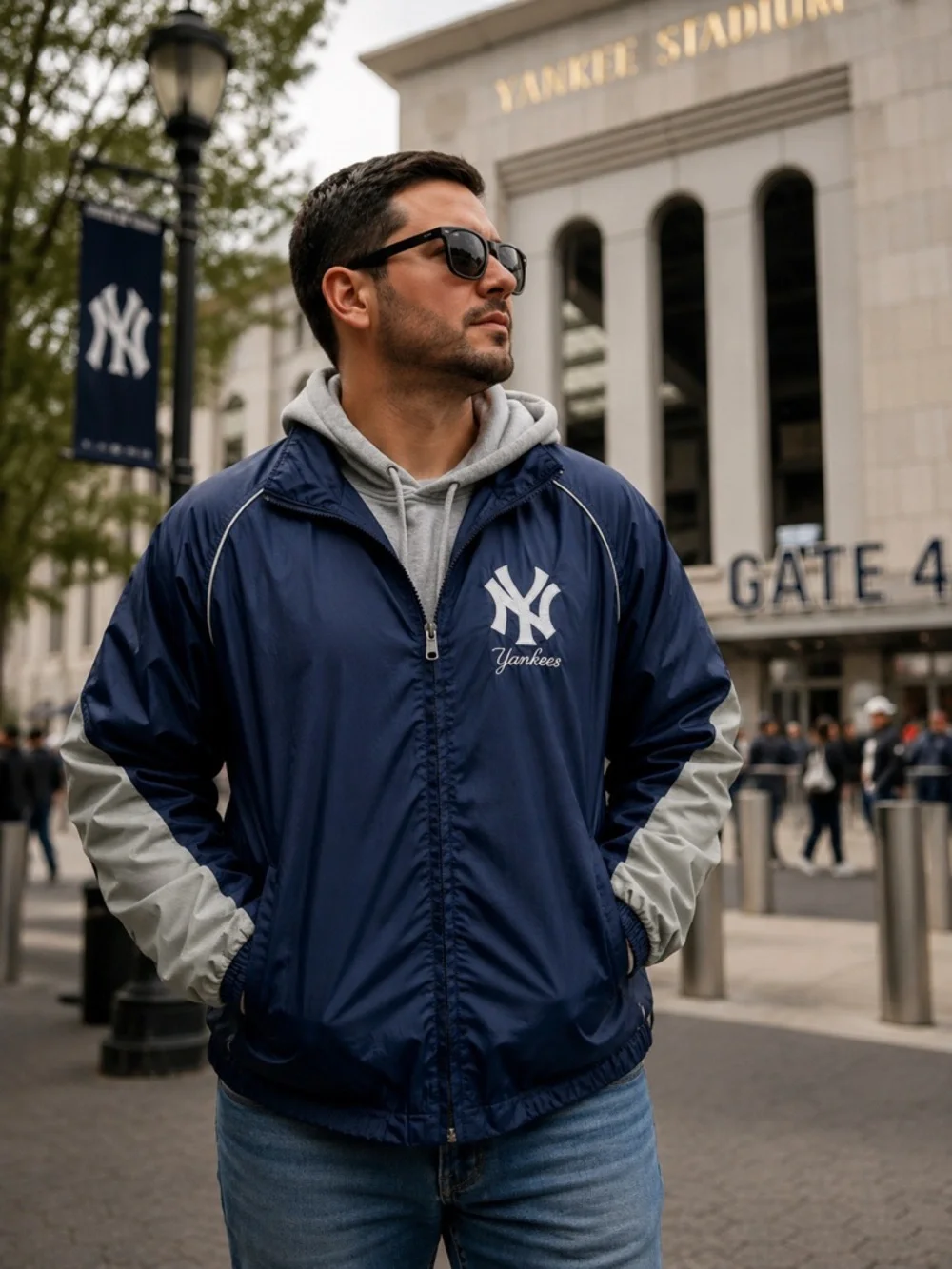NY Yankees Jacket Mens L Blue Hooded Windbreaker Full Zip MLB Baseball